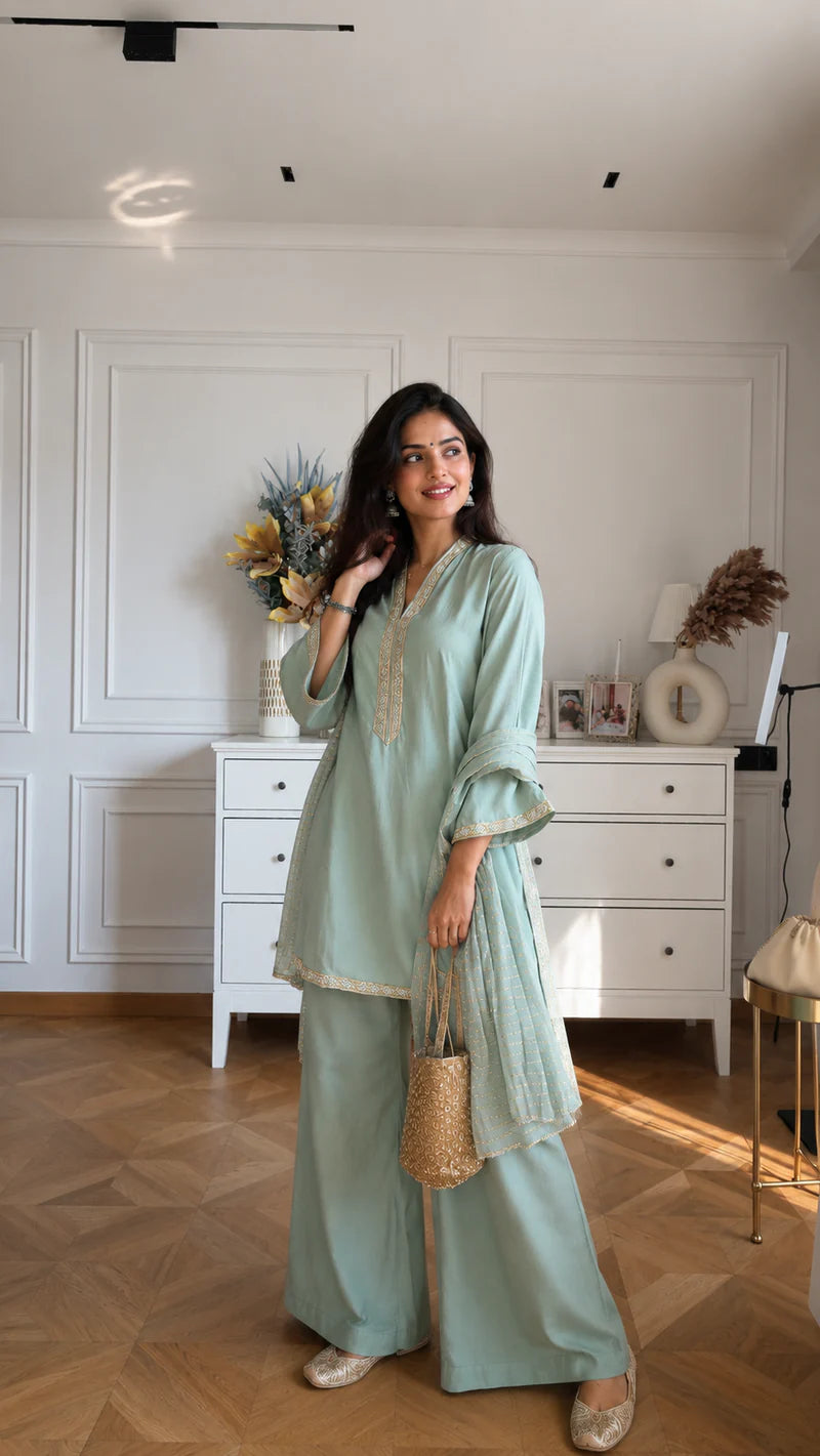 Women's Sage Green Embroidered Straight Kurta Set with Palazzo & Dupatta