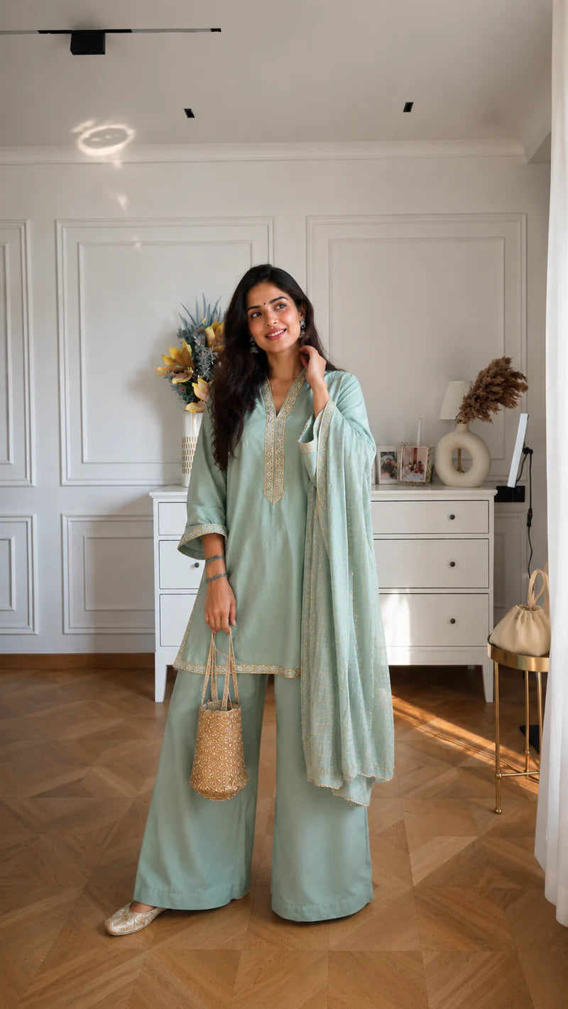 Women's Sage Green Embroidered Straight Kurta Set with Palazzo & Dupatta