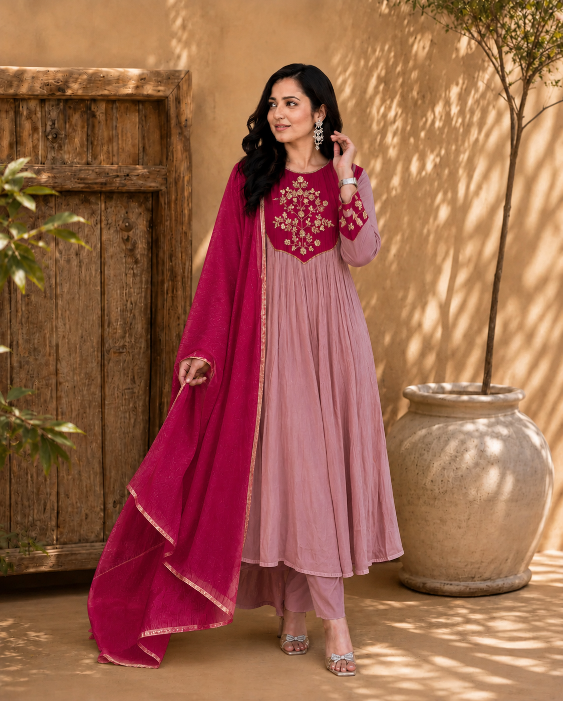 Pink Embroidered Anarkali Suit Set with Pink Dupatta