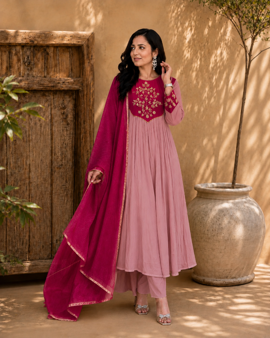 Pink Embroidered Anarkali Suit Set with Pink Dupatta