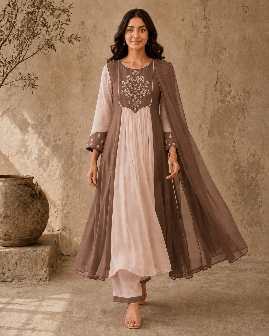 Brown Embroidered Anarkali Suit Set with Brown Dupatta