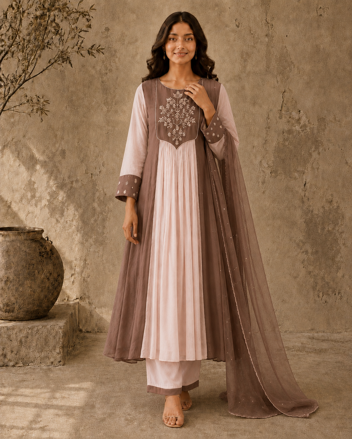 Brown Embroidered Anarkali Suit Set with Brown Dupatta