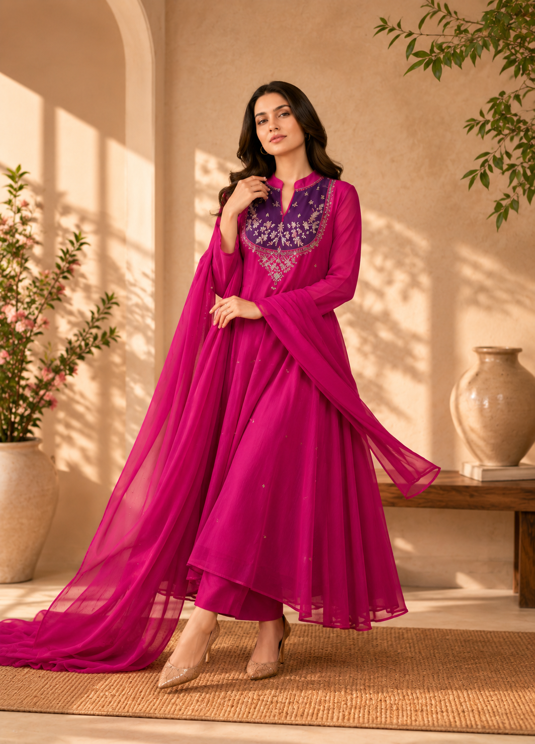 Women's Fuchsia Embroidered Anarkali Suit Set with Dupatta