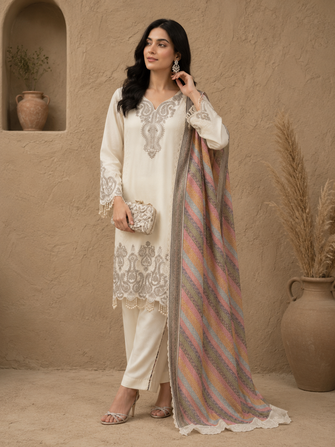 Ivory Elegance Embroidered Lawn Suit with Pastel Printed Dupatta