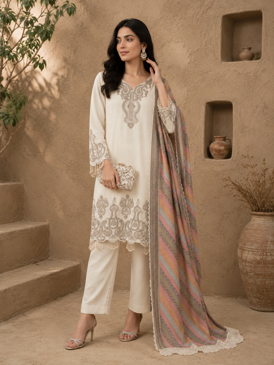 Ivory Elegance Embroidered Lawn Suit with Pastel Printed Dupatta