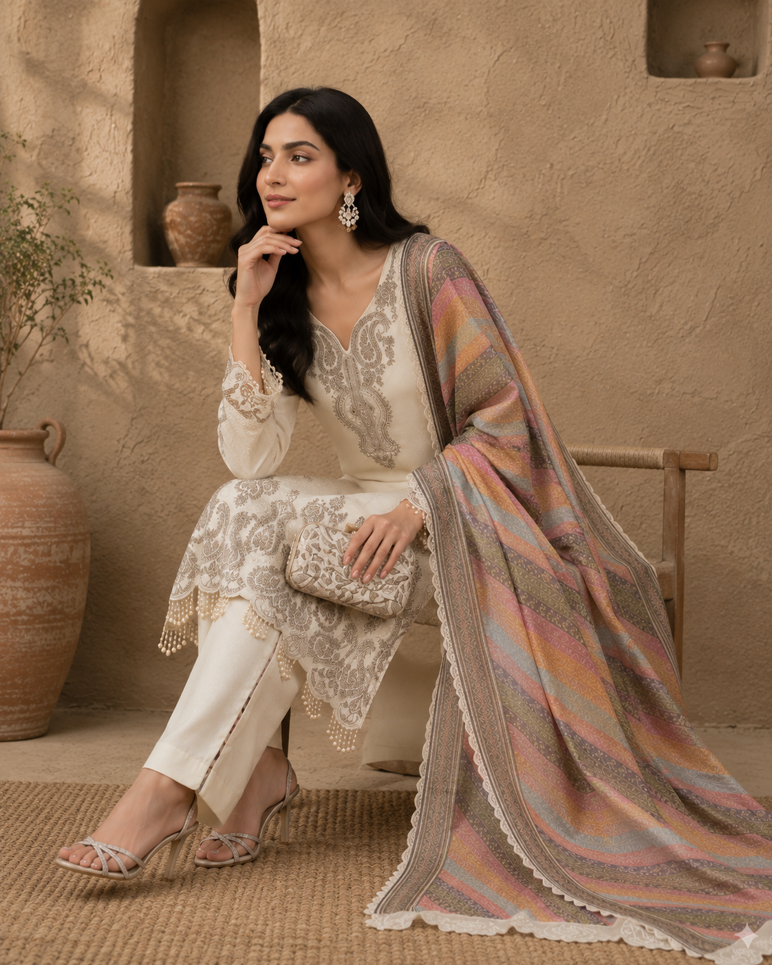 Ivory Elegance Embroidered Lawn Suit with Pastel Printed Dupatta