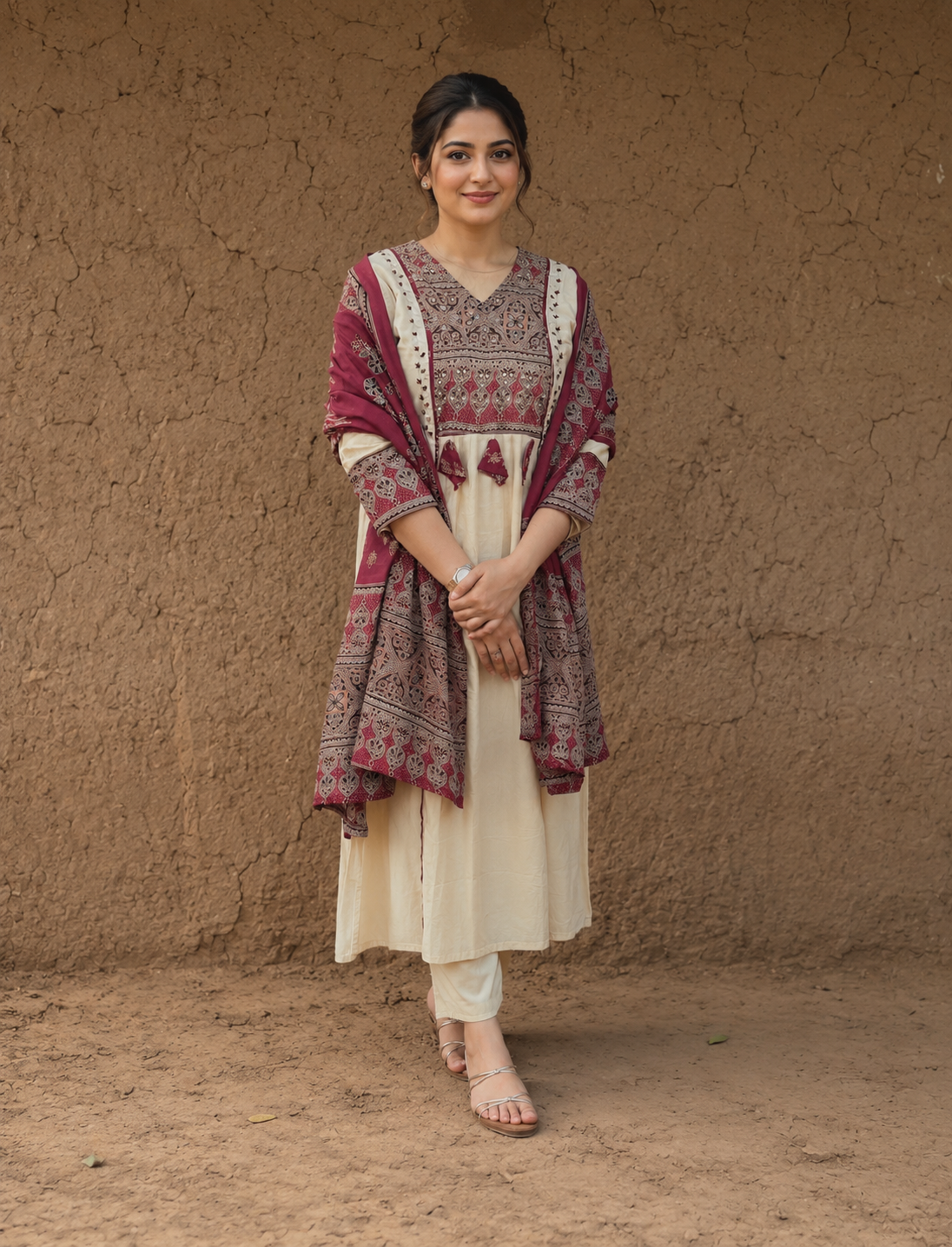 Embroidered Maroon & Cream Ethnic Kurta Set with Dupatta