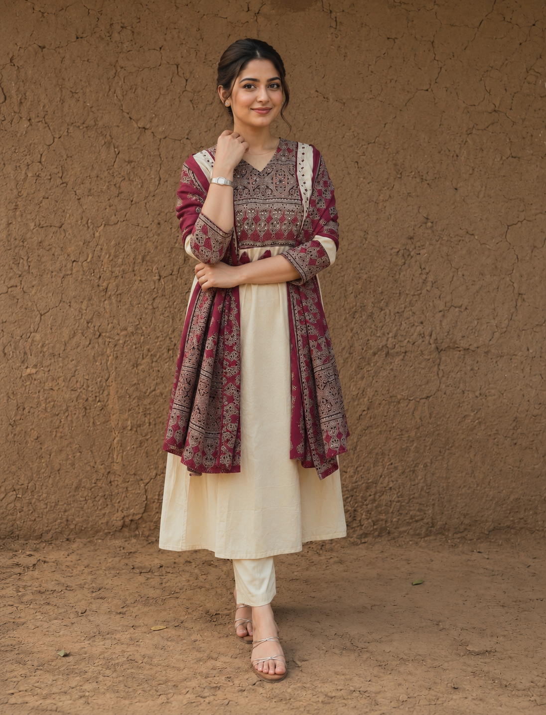 Embroidered Maroon & Cream Ethnic Kurta Set with Dupatta