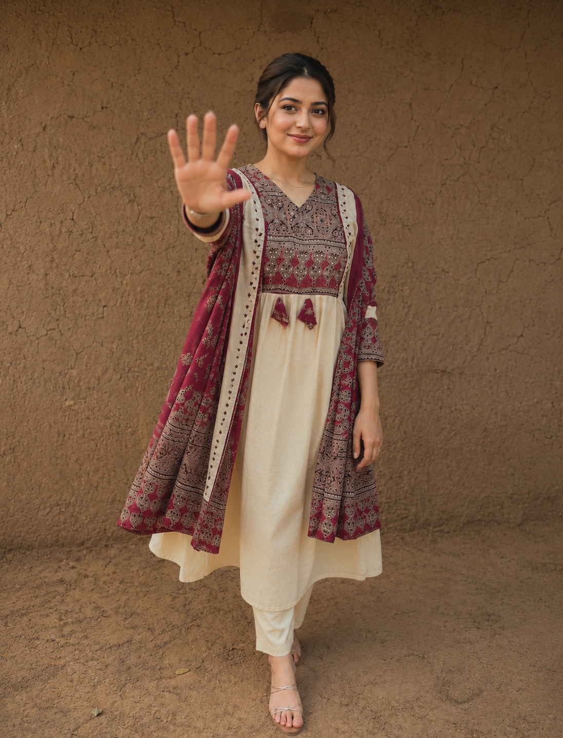 Embroidered Maroon & Cream Ethnic Kurta Set with Dupatta