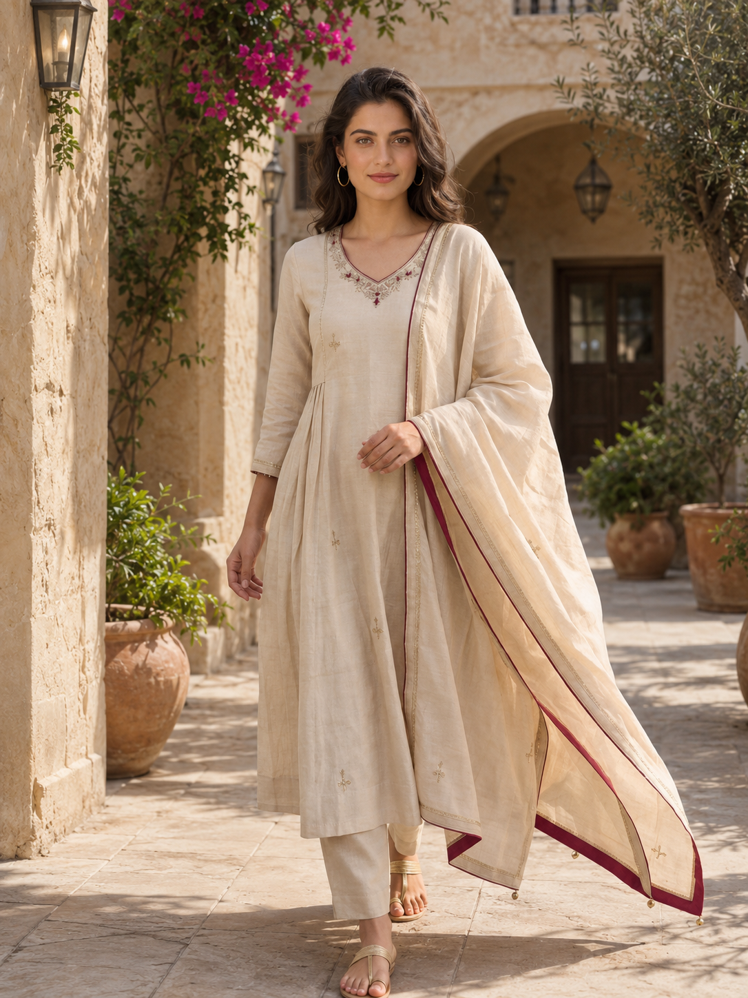 Elegant Beige Silk Anarkali Suit Set with Maroon Piping & Embroidered Neckline