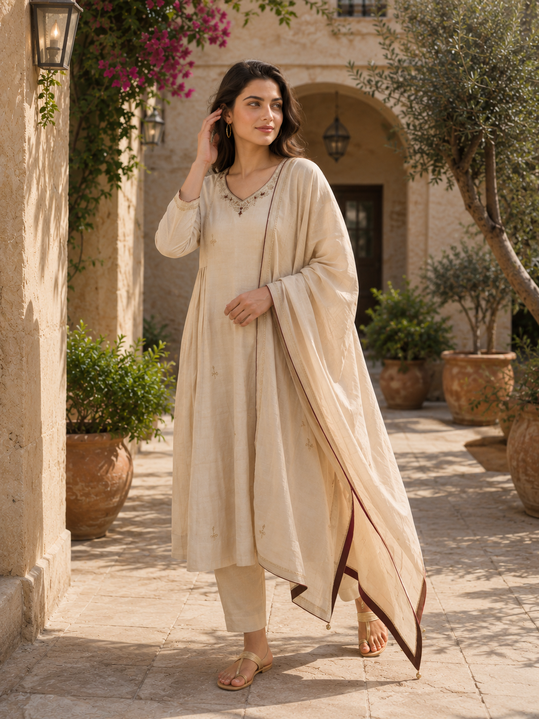 Elegant Beige Silk Anarkali Suit Set with Maroon Piping & Embroidered Neckline