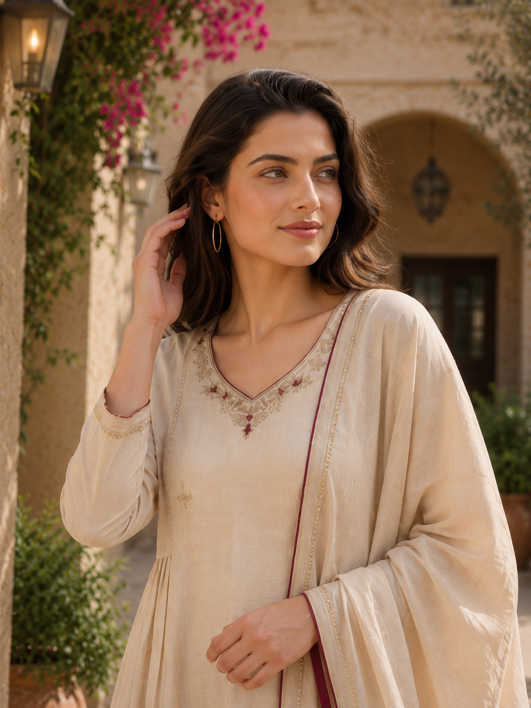 Elegant Beige Silk Anarkali Suit Set with Maroon Piping & Embroidered Neckline