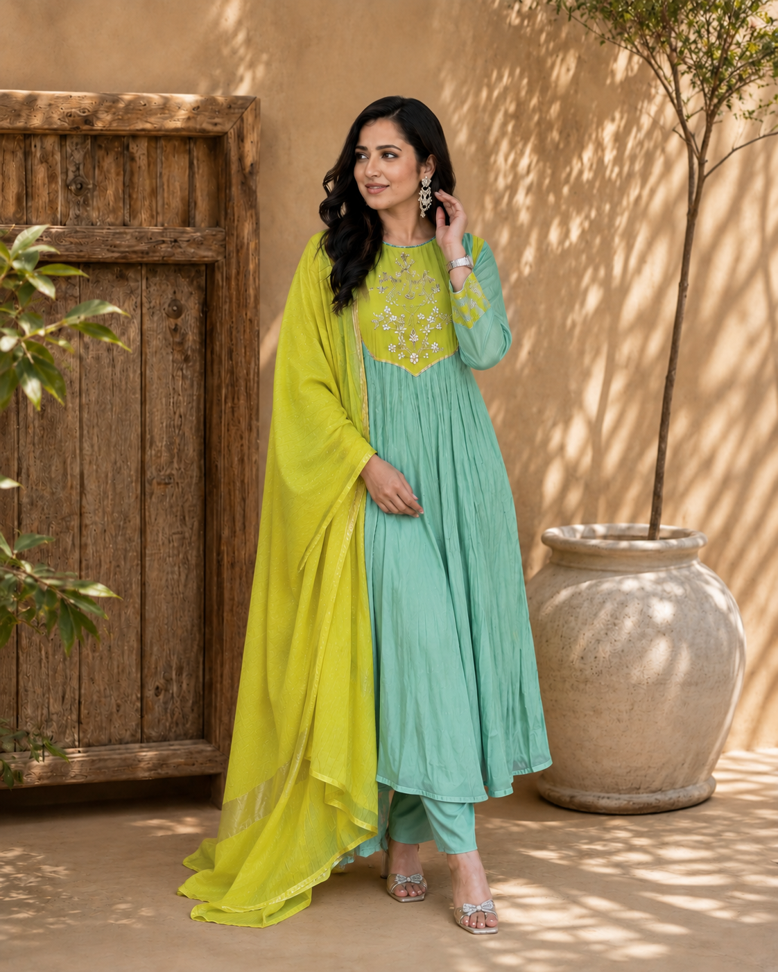 Mint Green Embroidered Anarkali Suit Set with Lime Dupatta