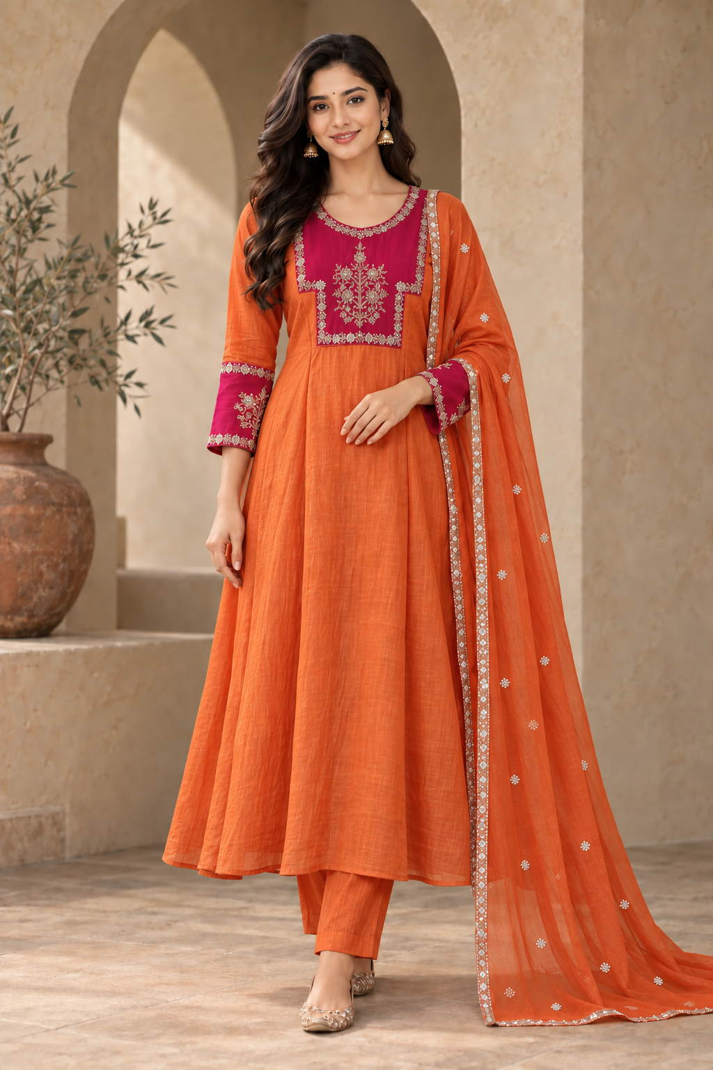 Elegant Orange Embroidered Anarkali Suit Set with Designer Dupatta