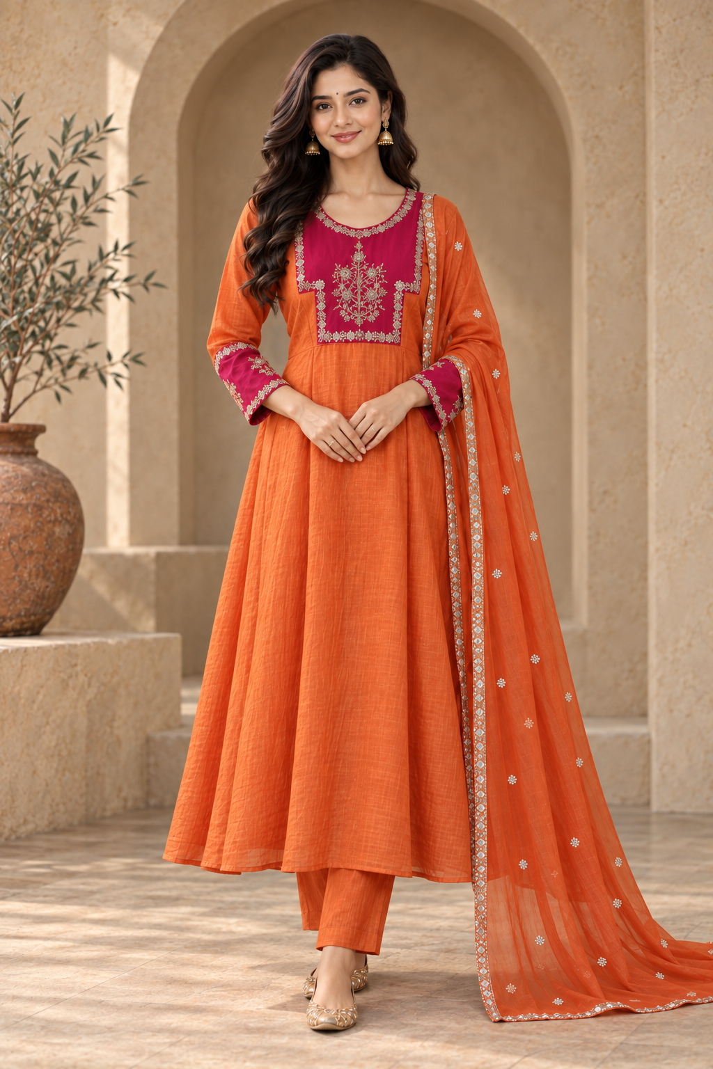 Elegant Orange Embroidered Anarkali Suit Set with Designer Dupatta