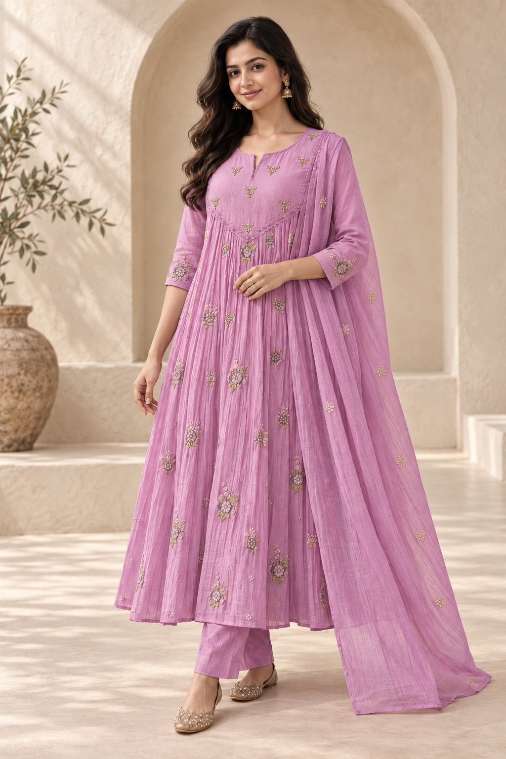 Lavender Chanderi Embroidered Anarkali Suit Set with Dupatta & Pants