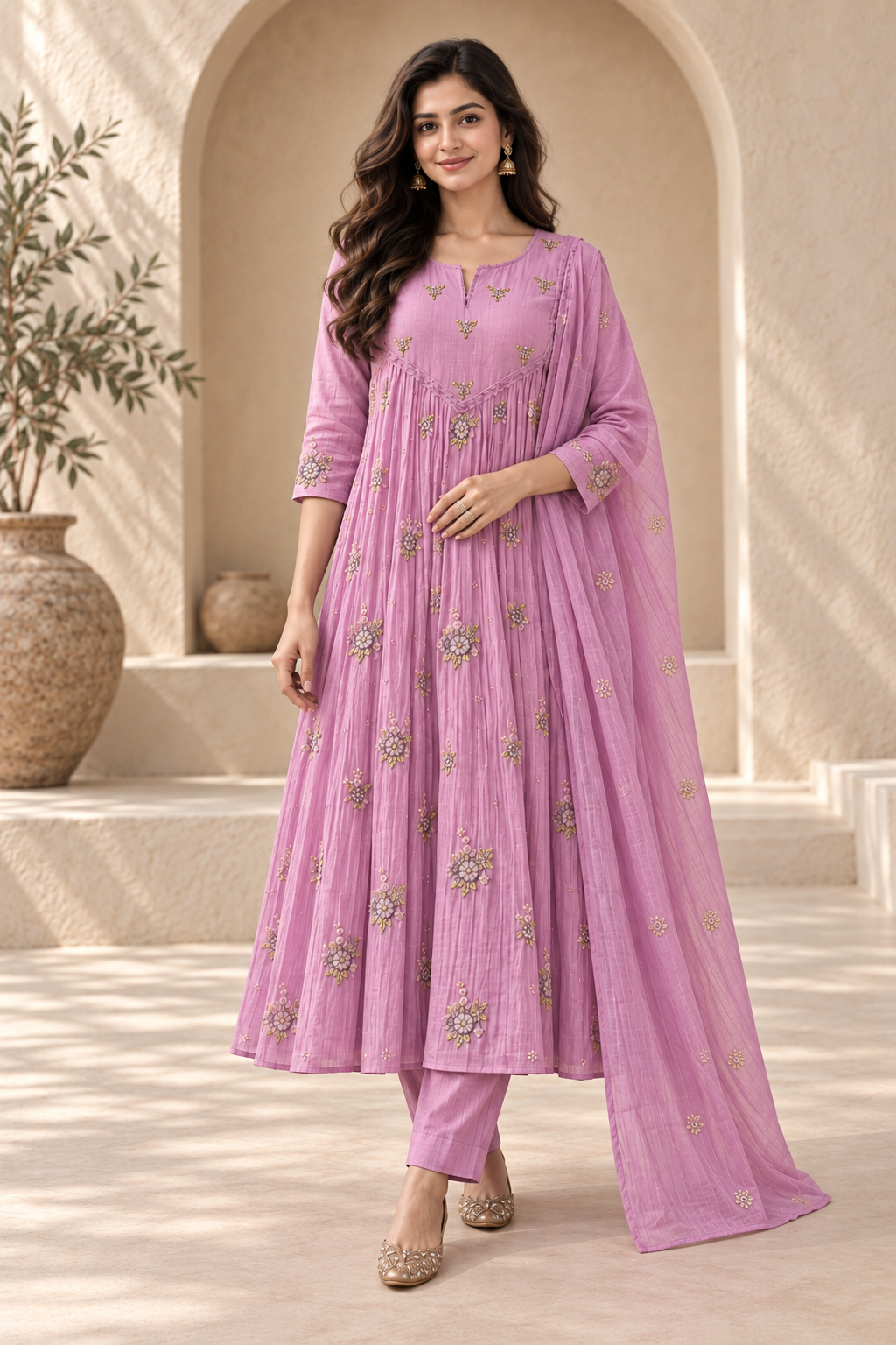 Lavender Chanderi Embroidered Anarkali Suit Set with Dupatta & Pants