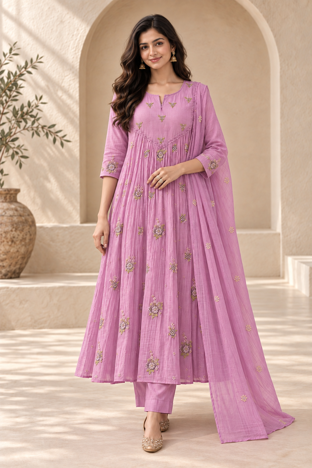 Lavender Chanderi Embroidered Anarkali Suit Set with Dupatta & Pants