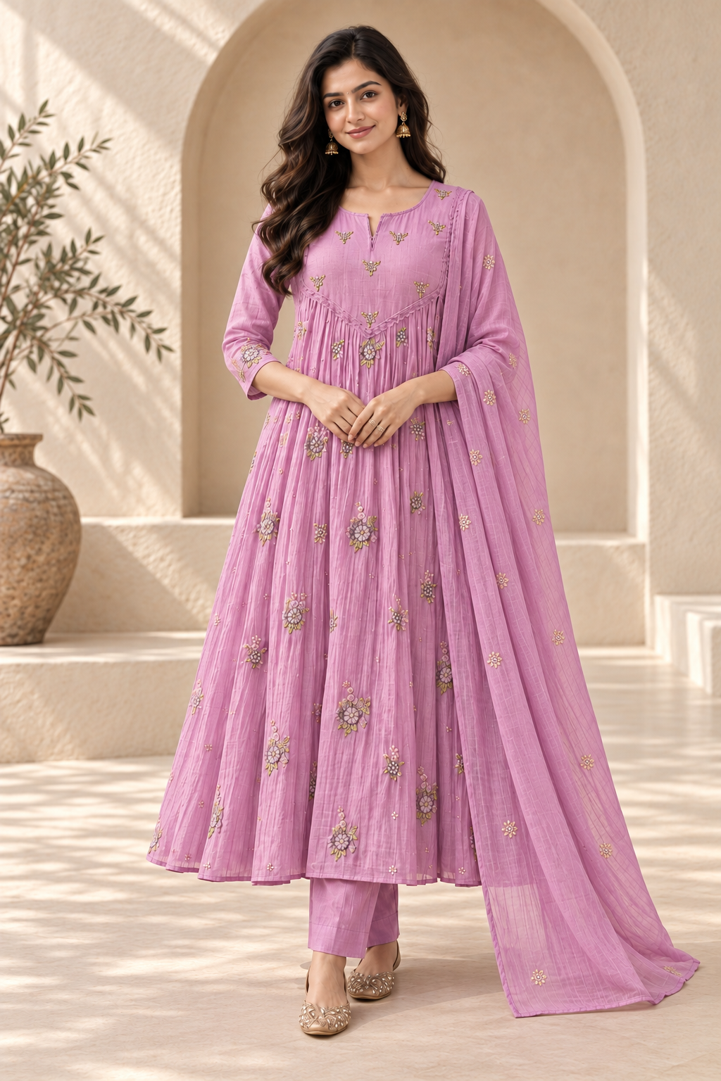 Lavender Chanderi Embroidered Anarkali Suit Set with Dupatta & Pants
