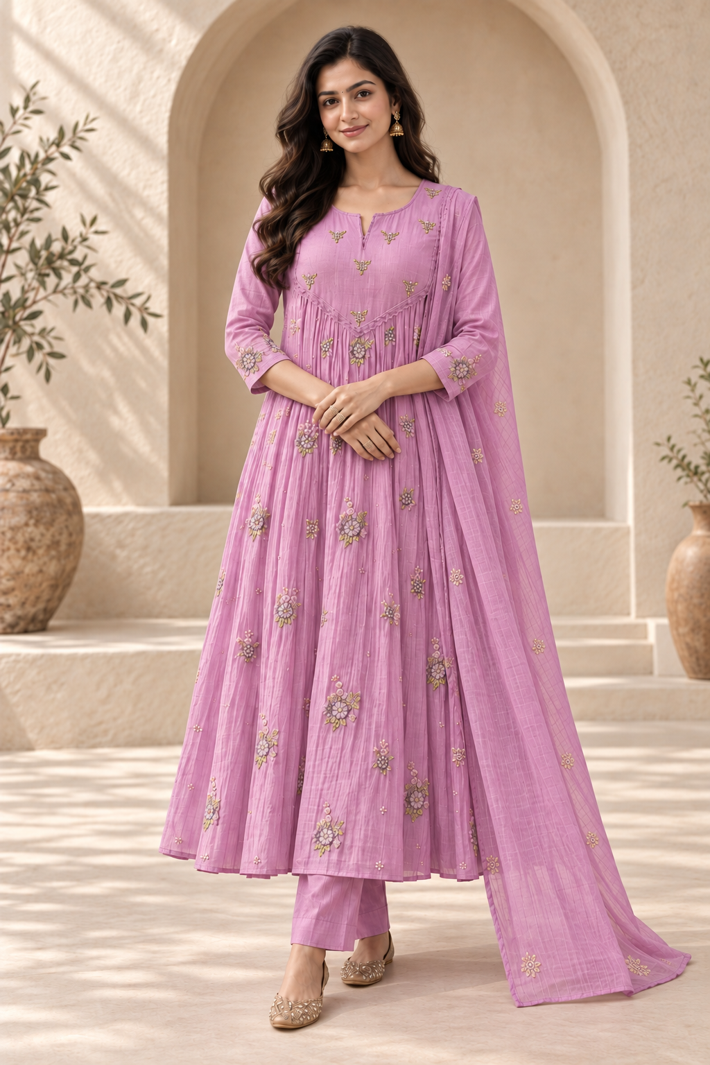 Lavender Chanderi Embroidered Anarkali Suit Set with Dupatta & Pants