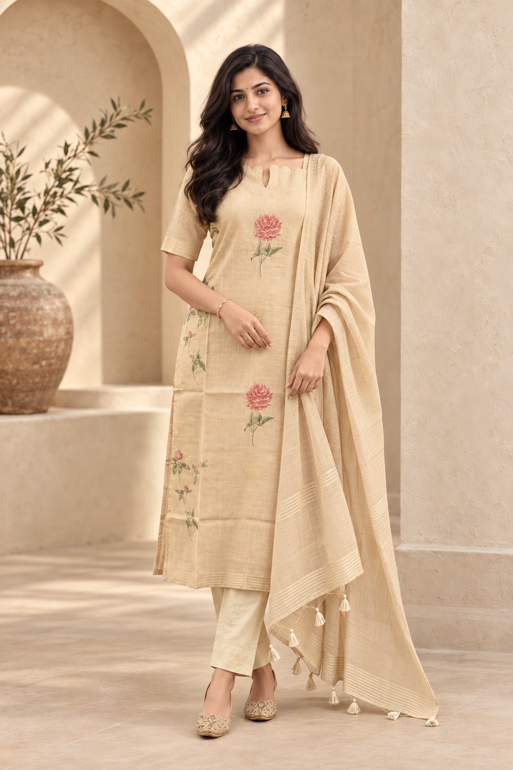 Elegant Cream Embroidered Kurta Pant Set with Dupatta