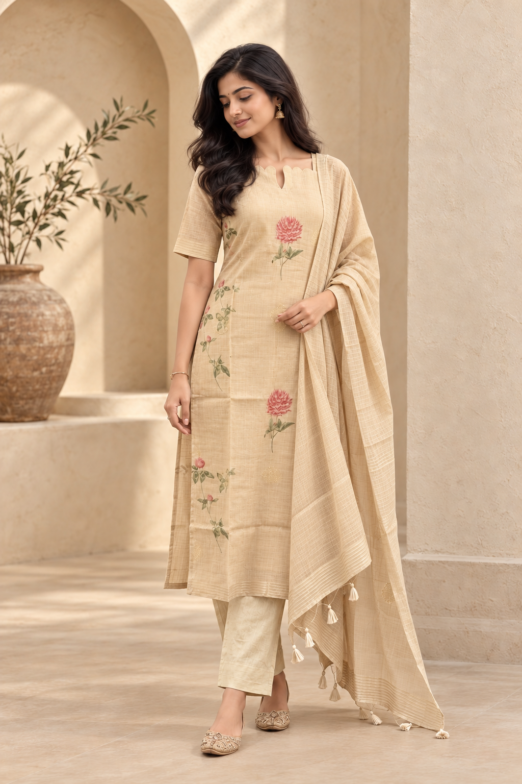 Elegant Cream Embroidered Kurta Pant Set with Dupatta