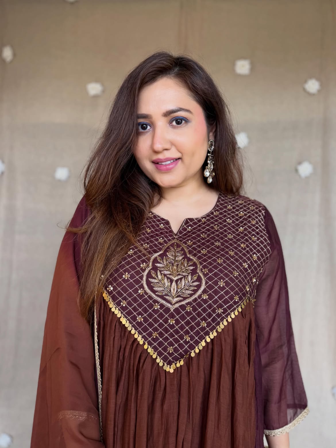 Women's Coffee Brown Embroidered Anarkali Kurta Set with Dupatta
