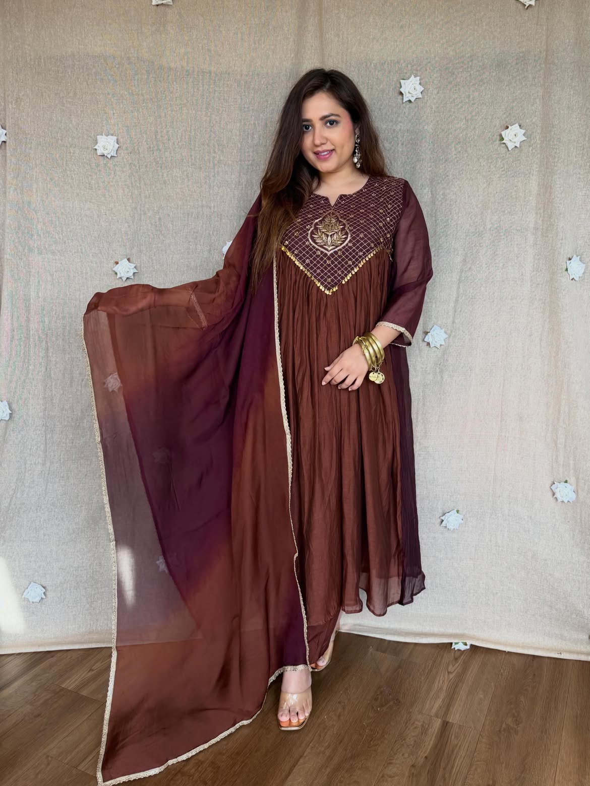Women's Coffee Brown Embroidered Anarkali Kurta Set with Dupatta