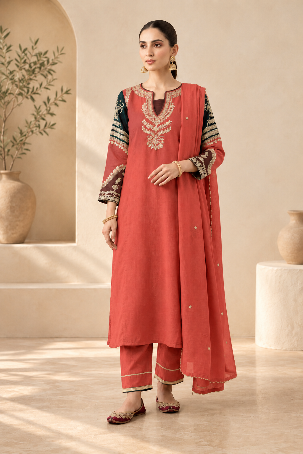 Elegant Orange & Green Embroidered Kurta Set with Dupatta