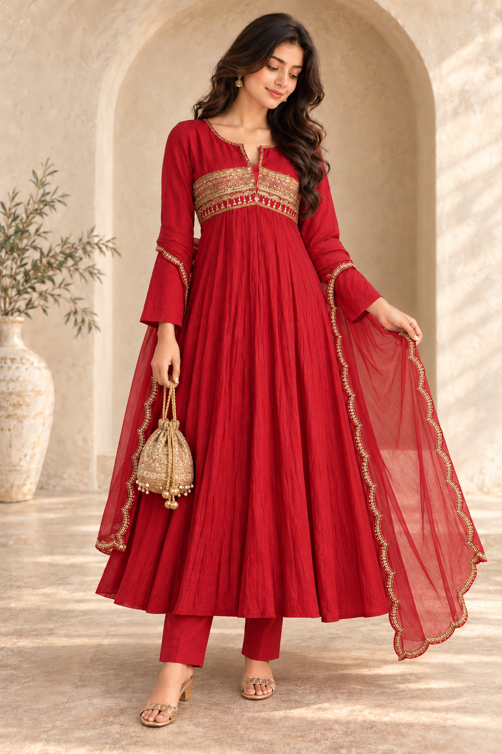 Red Anarkali Suit with Gold Embroidery & Elegant Dupatta
