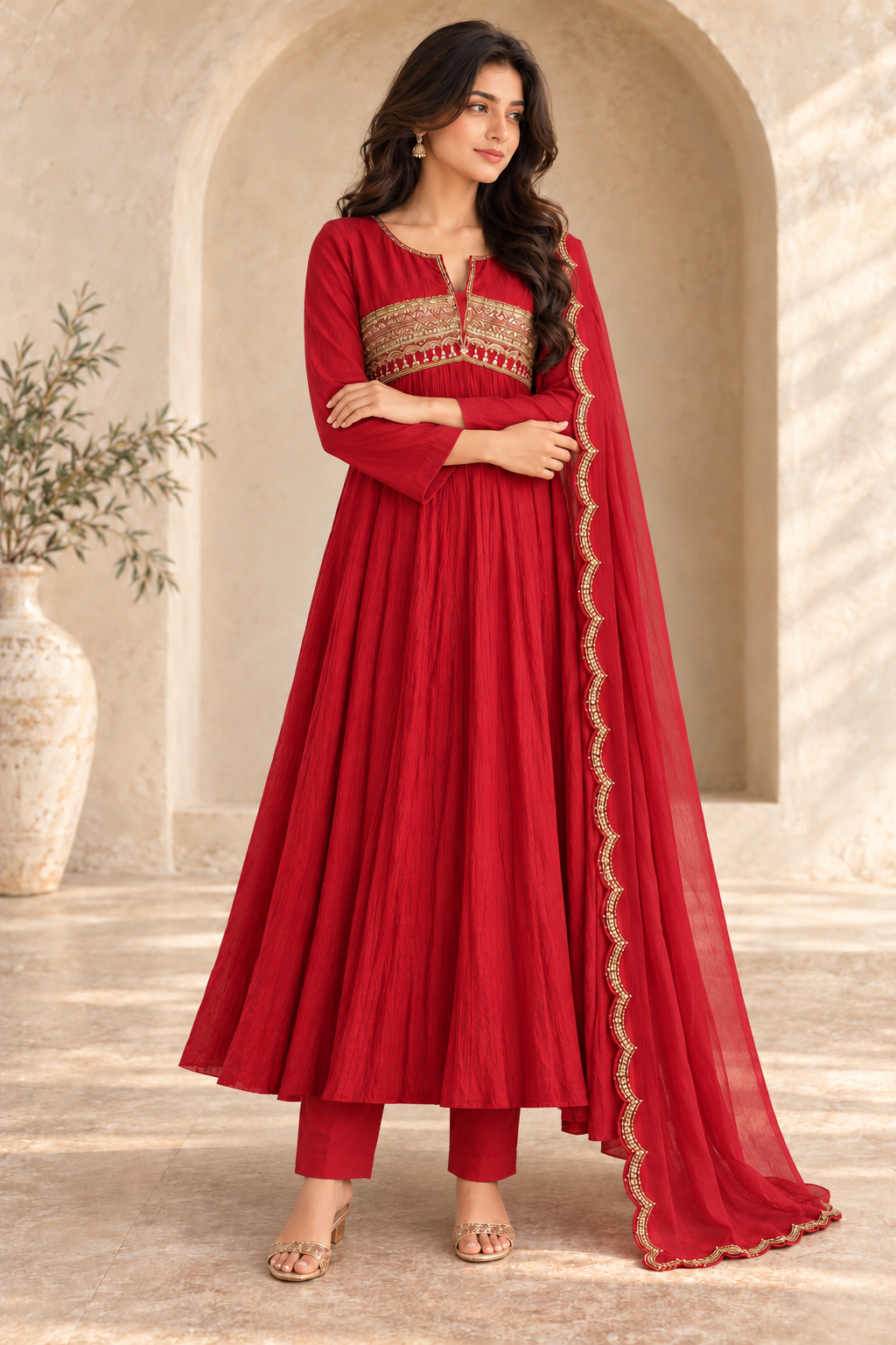 Red Anarkali Suit with Gold Embroidery & Elegant Dupatta