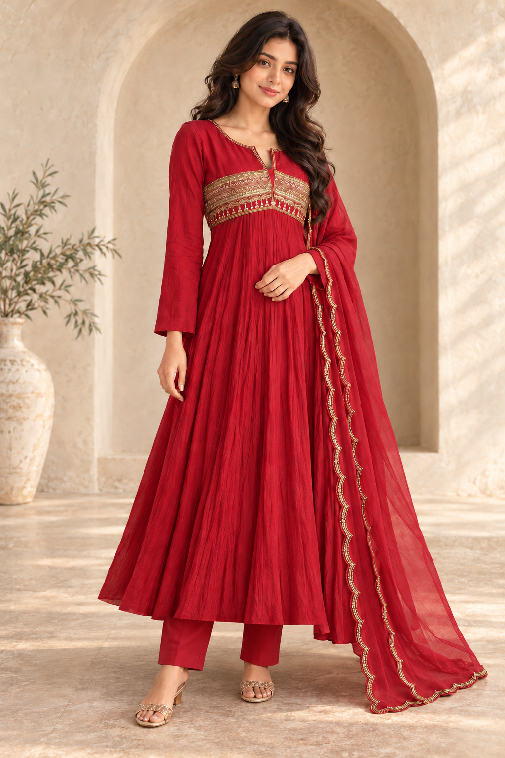 Red Anarkali Suit with Gold Embroidery & Elegant Dupatta