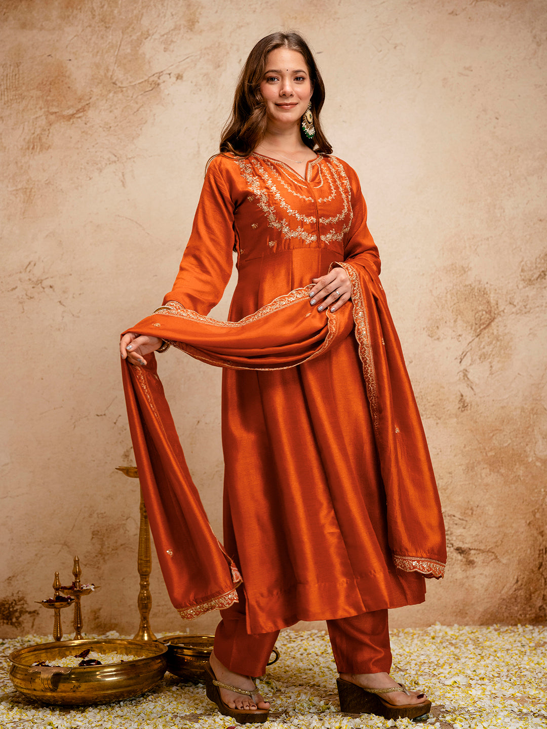 Orange Regal Embroidered Kurta Set with Dupatta