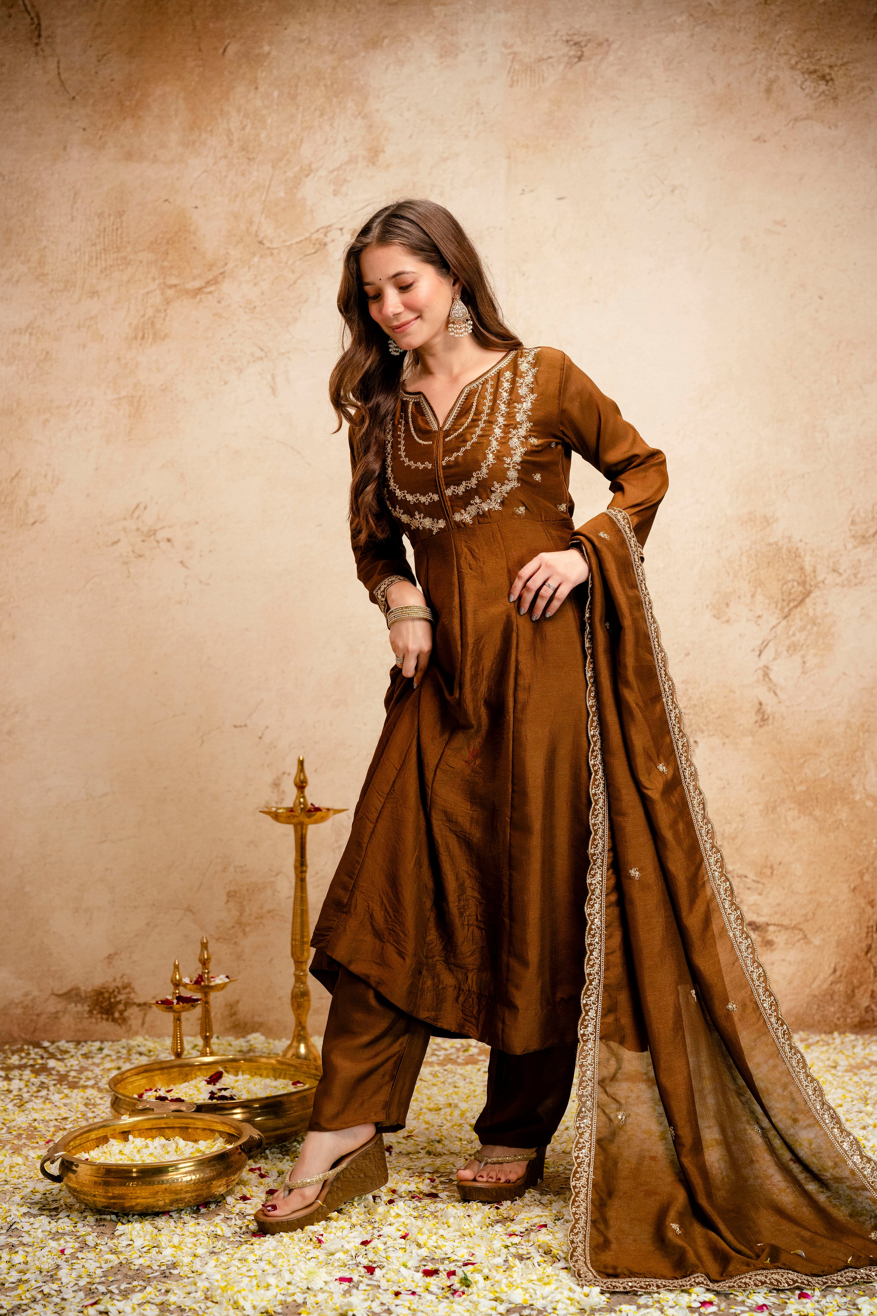 Brown Regal Embroidered Kurta Set with Dupatta
