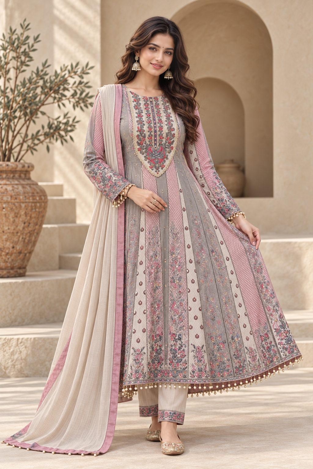 Elegant Grey and Pink Embroidered Anarkali Suit with Dupatta