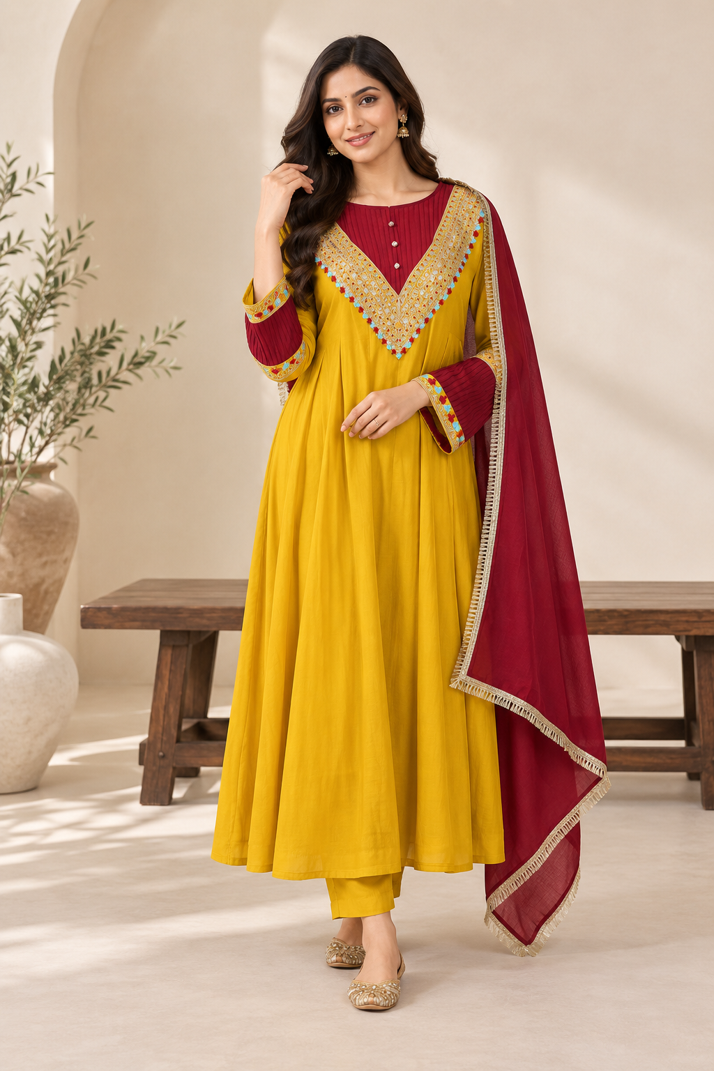 Meher Mustard & Maroon Embroidered Anarkali Set