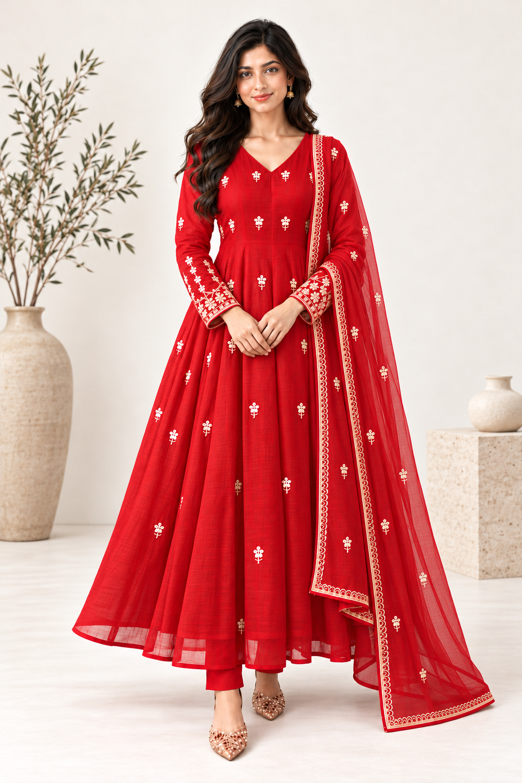 Crimson Grace Red Embroidered Mul Chanderi Anarkali Set