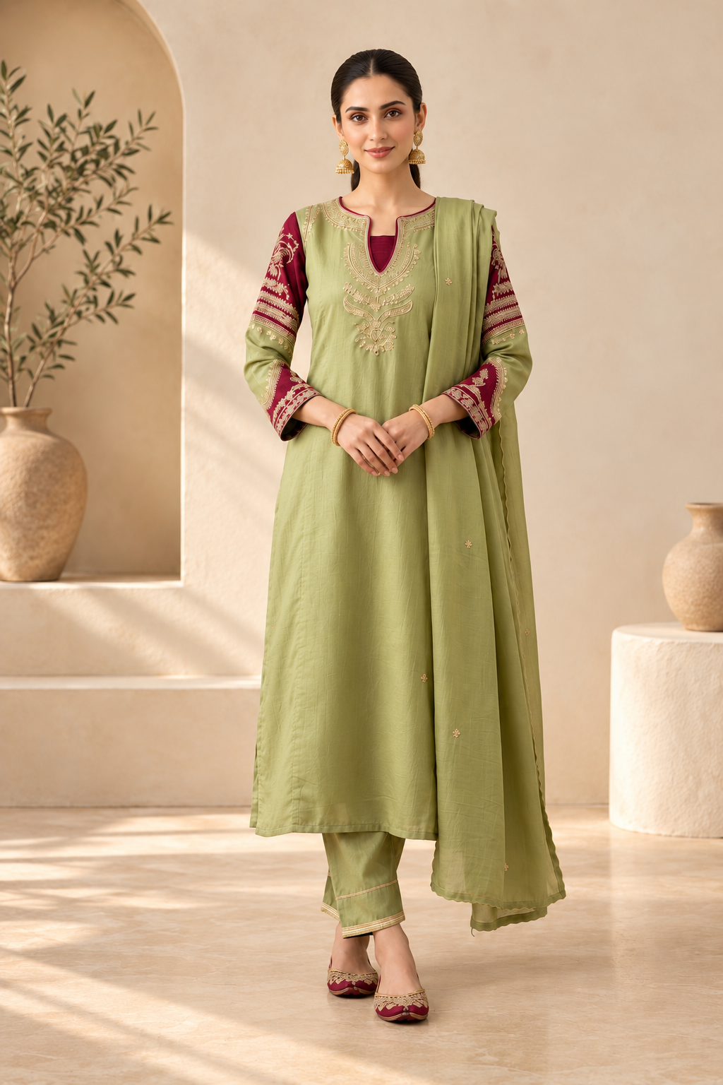 Elegant Sage Green & Maroon Embroidered Kurta Set with Dupatta