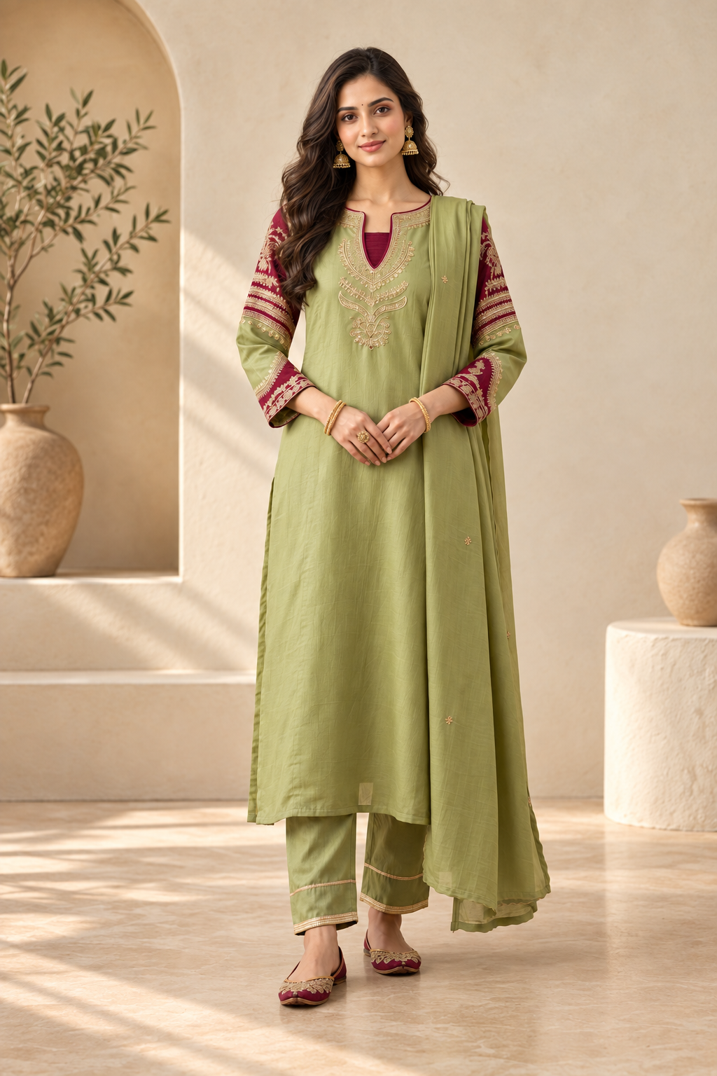 Elegant Sage Green & Maroon Embroidered Kurta Set with Dupatta