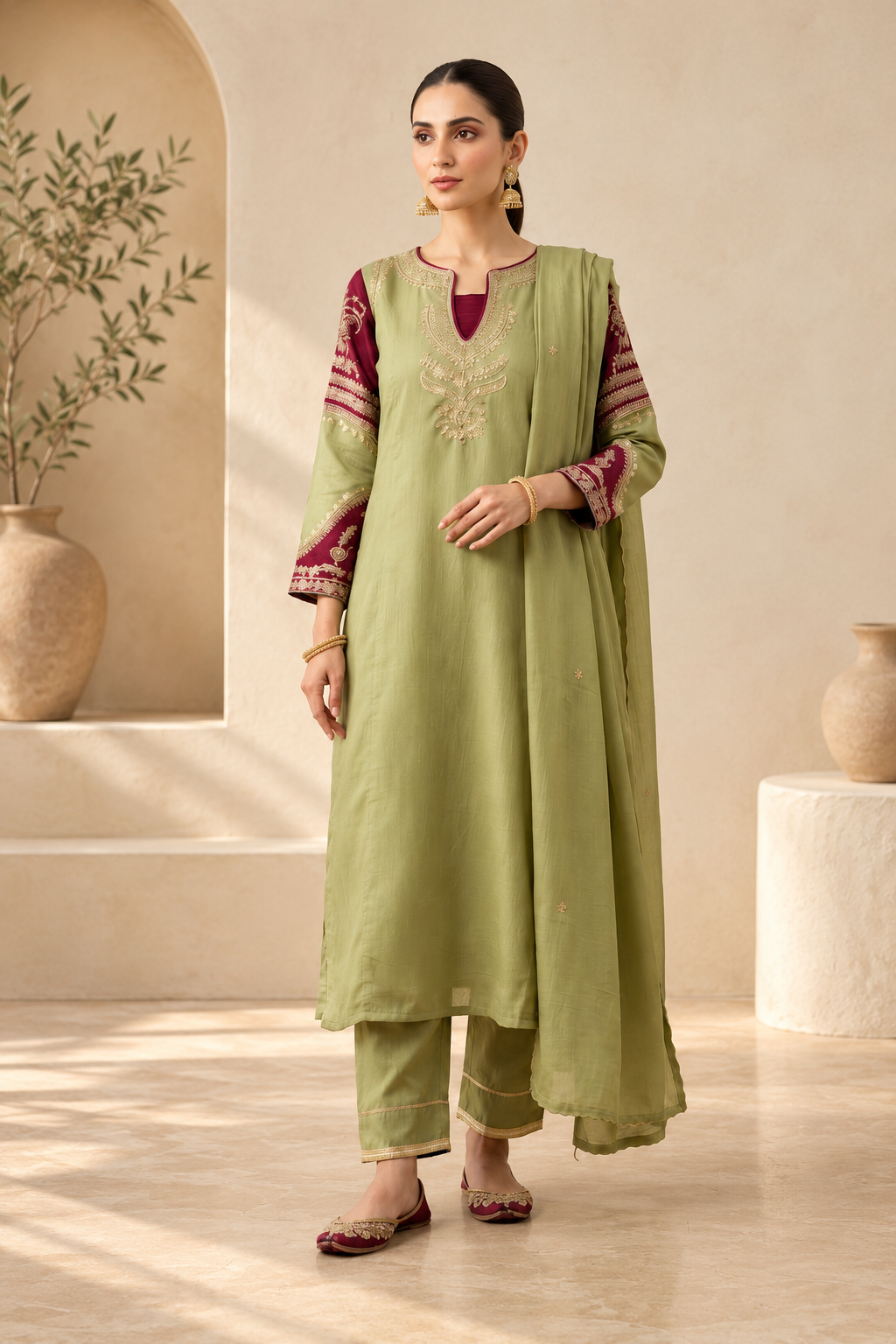 Elegant Sage Green & Maroon Embroidered Kurta Set with Dupatta