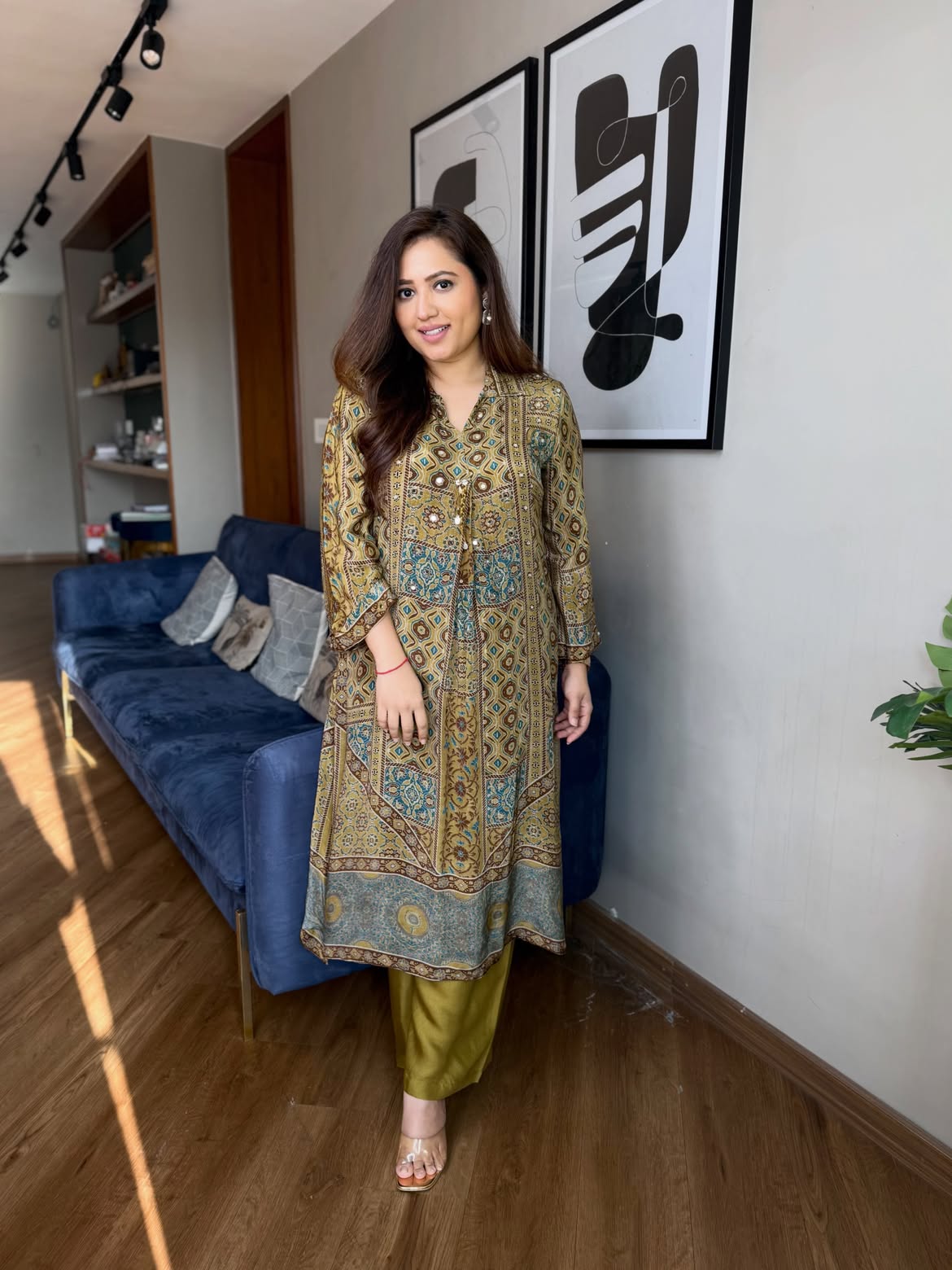 Women's Premium Ajrakh Printed Straight Kurta with Solid Pants