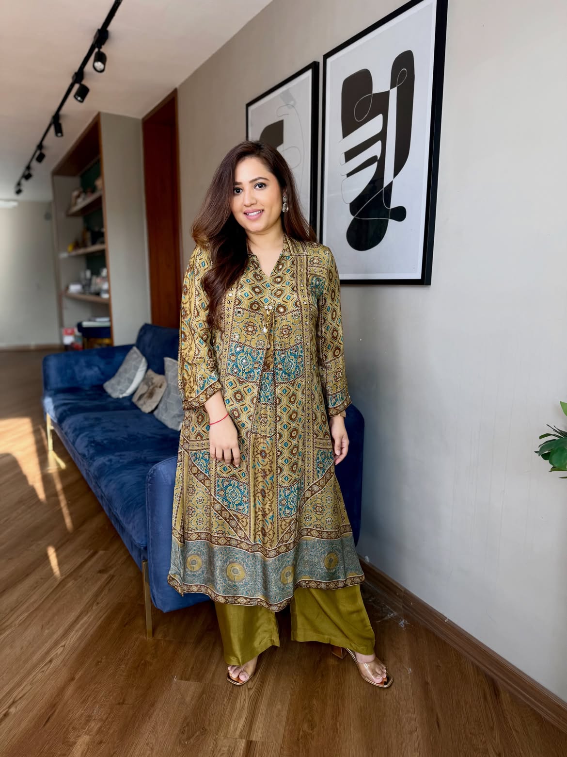 Women's Premium Ajrakh Printed Straight Kurta with Solid Pants