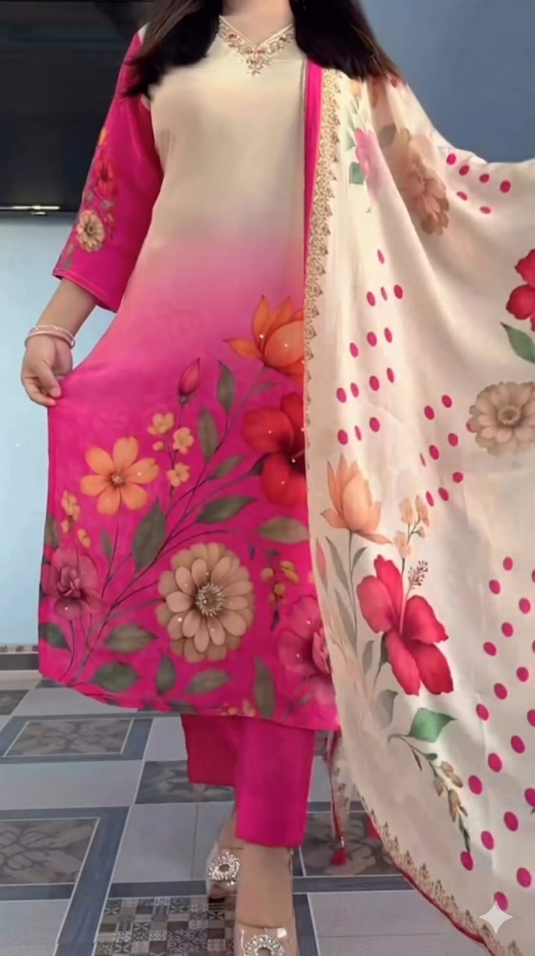Elegant Pink Floral Printed Kurta Pant Dupatta Set for Women