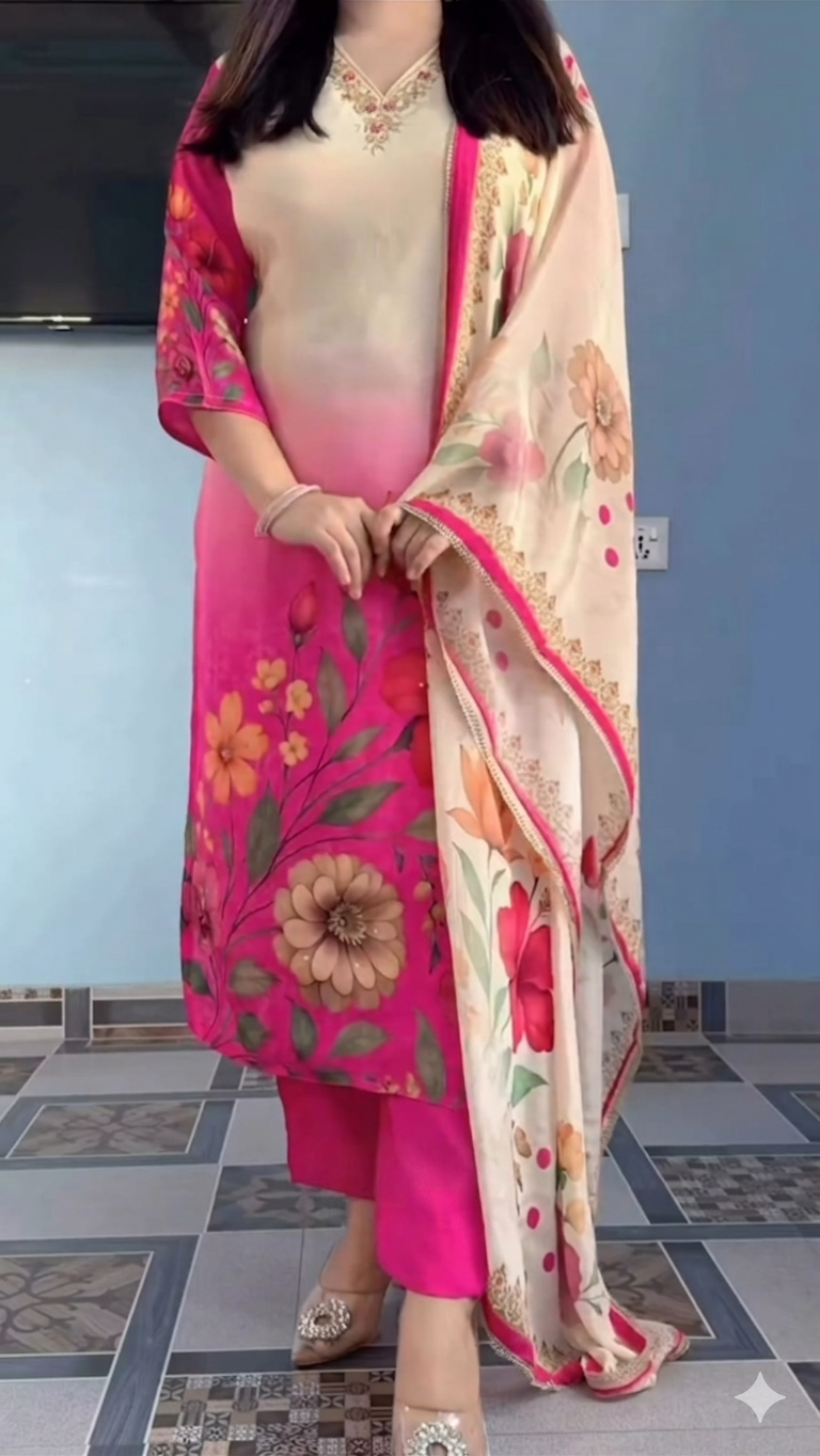 Elegant Pink Floral Printed Kurta Pant Dupatta Set for Women