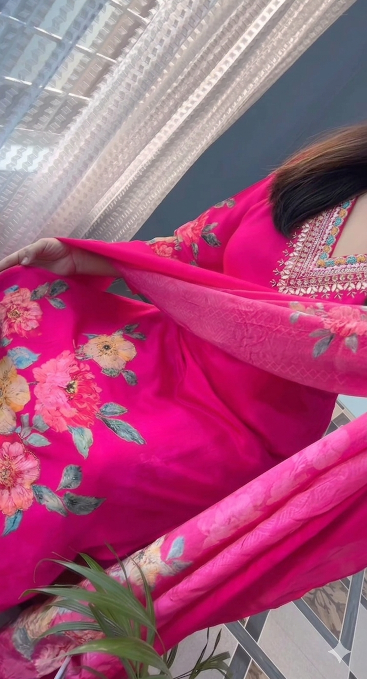 Elegant Pink Floral Printed Anarkali Suit Set with Dupatta