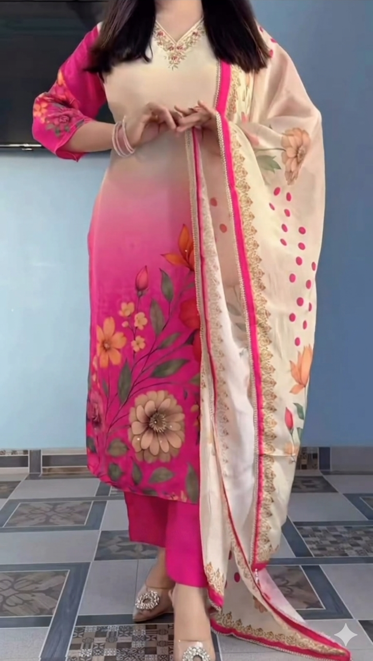 Elegant Pink Floral Printed Kurta Pant Dupatta Set for Women
