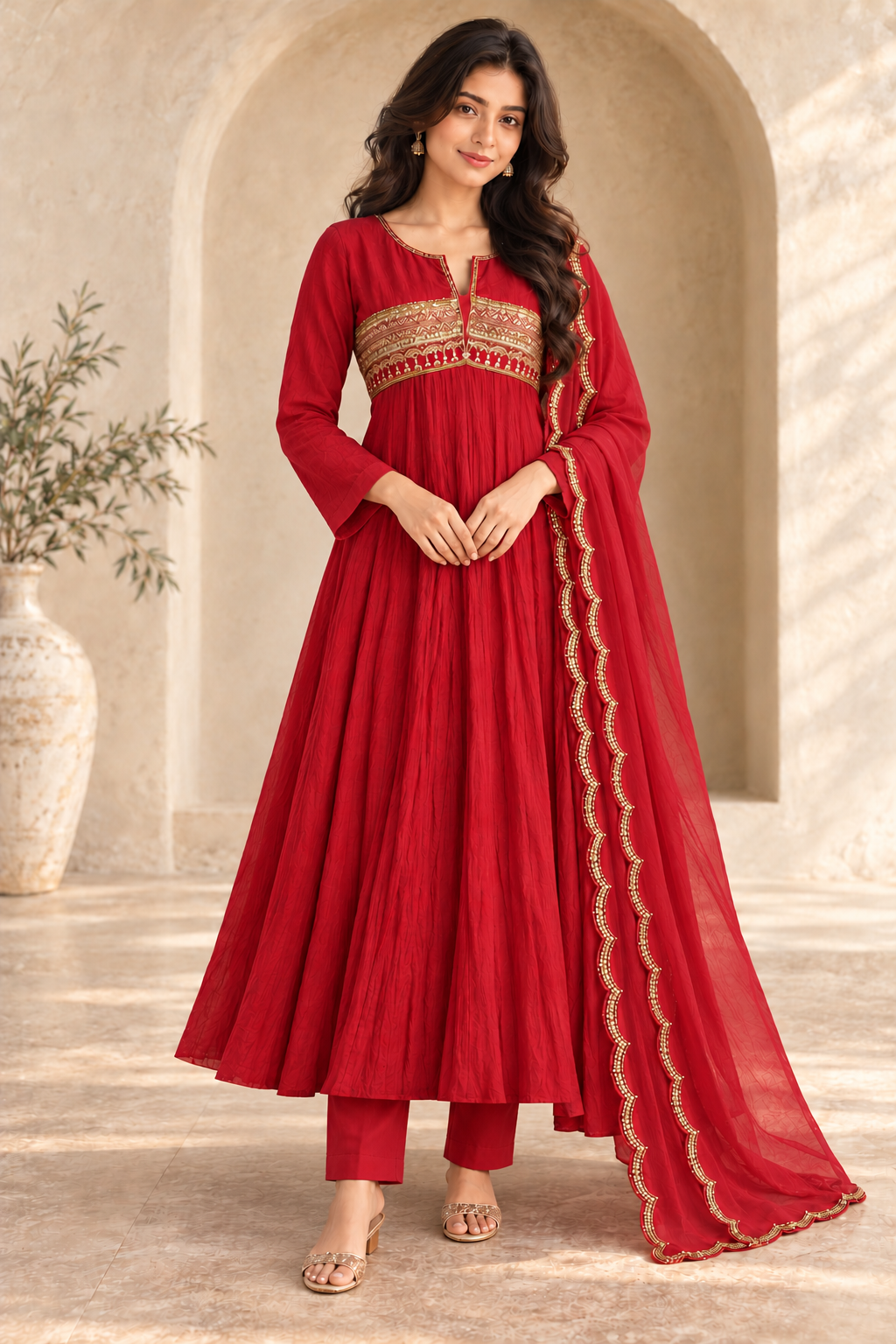 Red Anarkali Suit with Gold Embroidery & Elegant Dupatta