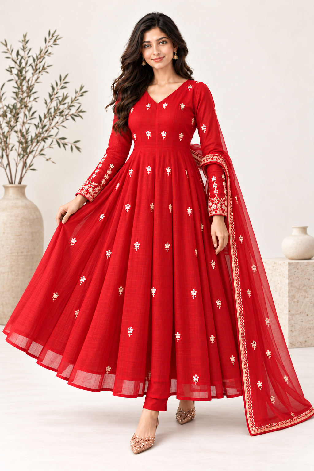 Crimson Grace Red Embroidered Mul Chanderi Anarkali Set