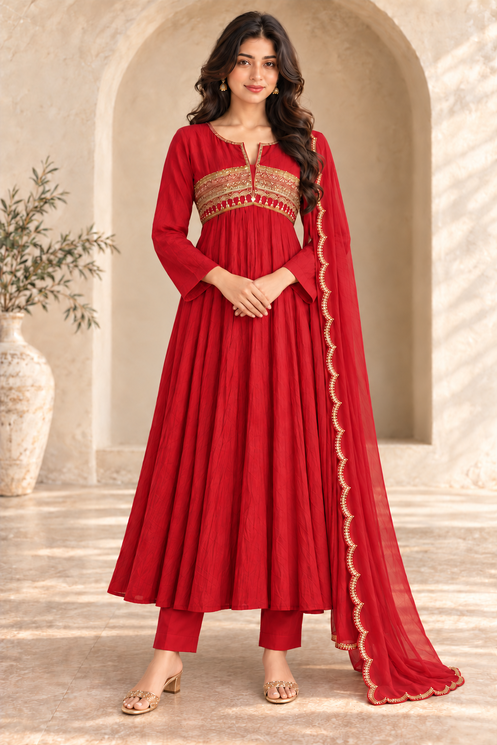 Red Anarkali Suit with Gold Embroidery & Elegant Dupatta
