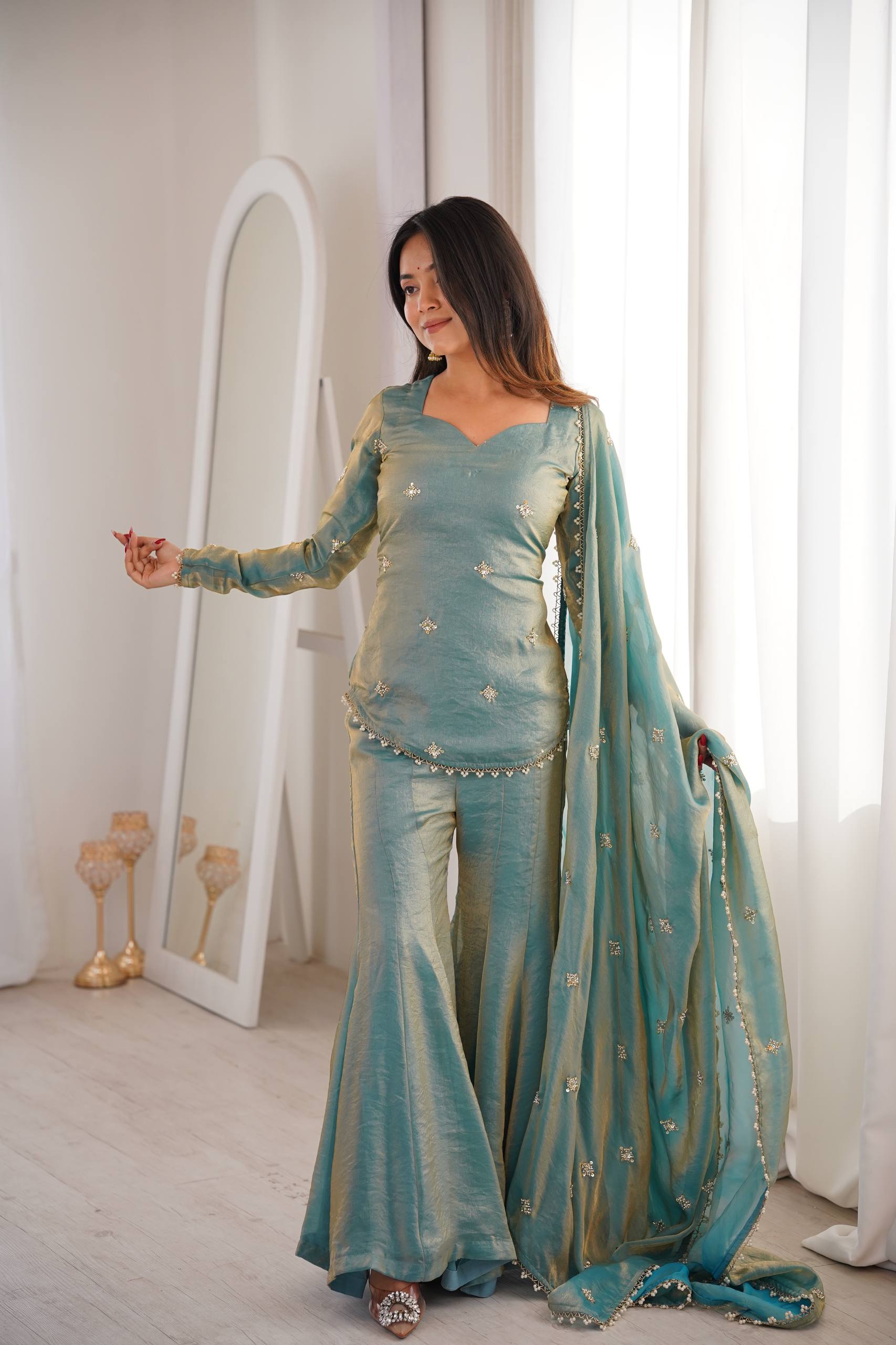 Elegant Sky Blue Silk Blend Sharara Suit Set for Women with Embroidered Dupatta
